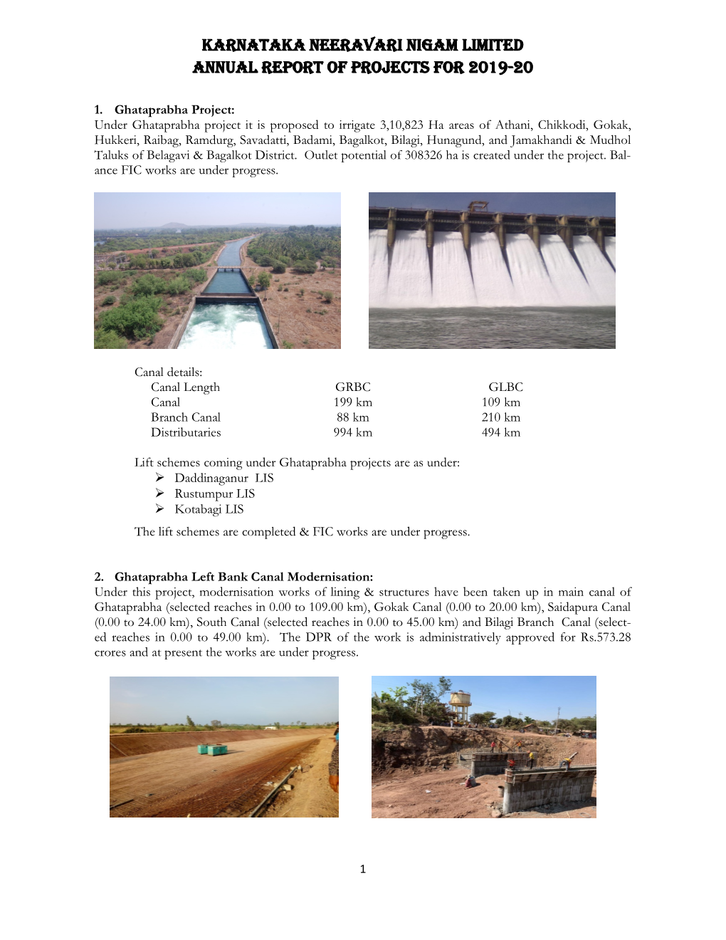 Karnataka Neeravari Nigam Limited Annual Report of Projects for 2019-20