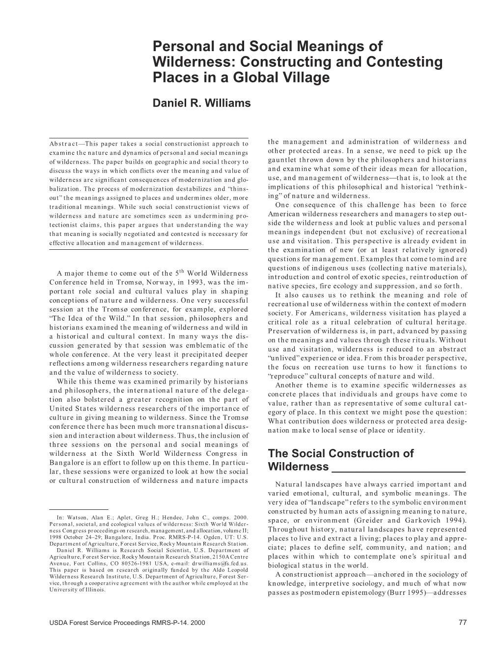 Personal and Social Meanings of Wilderness: Constructing and Contesting Places in a Global Village