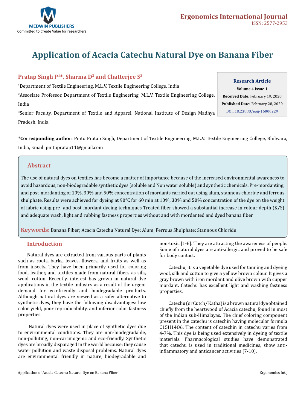 Pratap Singh P, Et Al. Application of Acacia Catechu Natural Dye on Banana Fiber