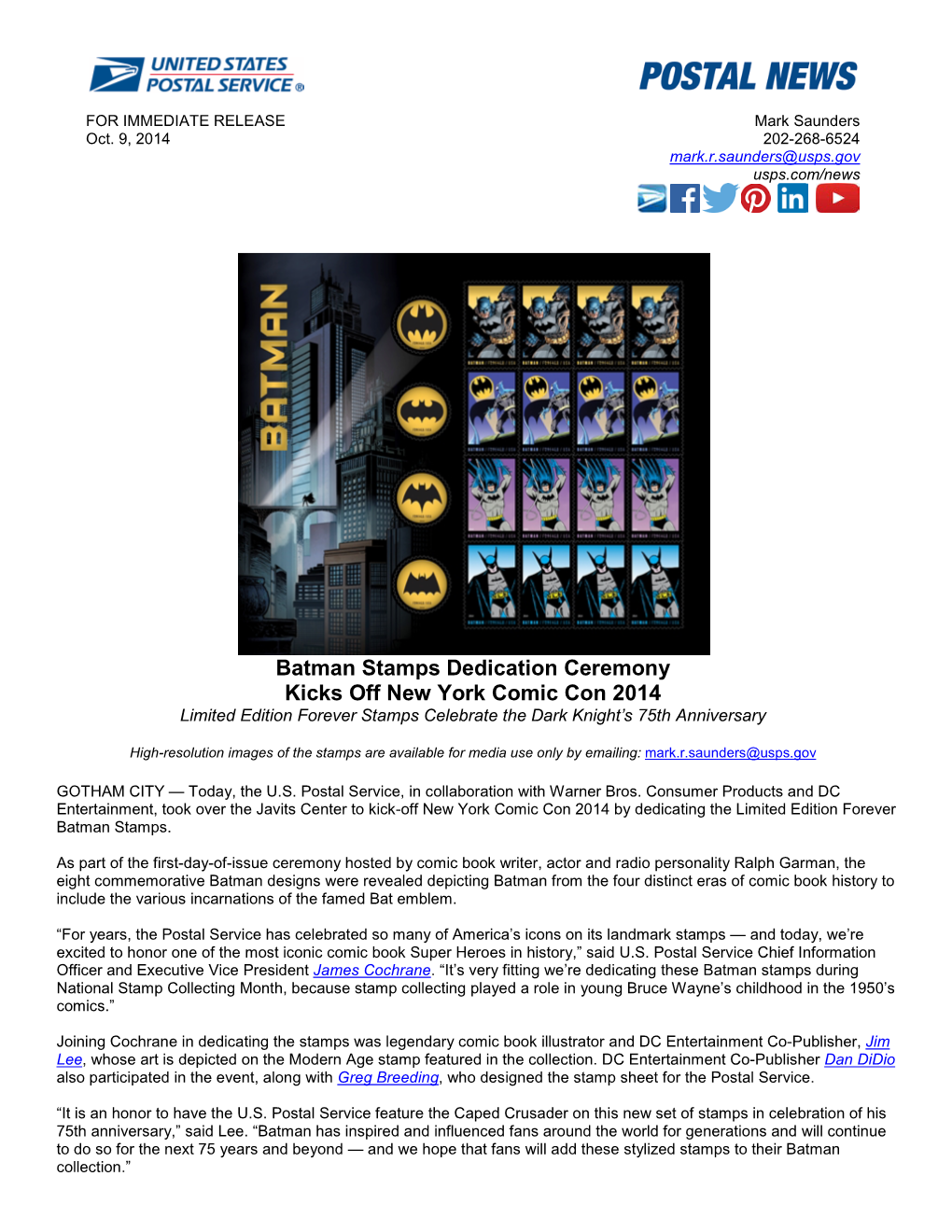 Batman Stamps Dedication Ceremony Kicks Off New York Comic Con 2014 Limited Edition Forever Stamps Celebrate the Dark Knight’S 75Th Anniversary