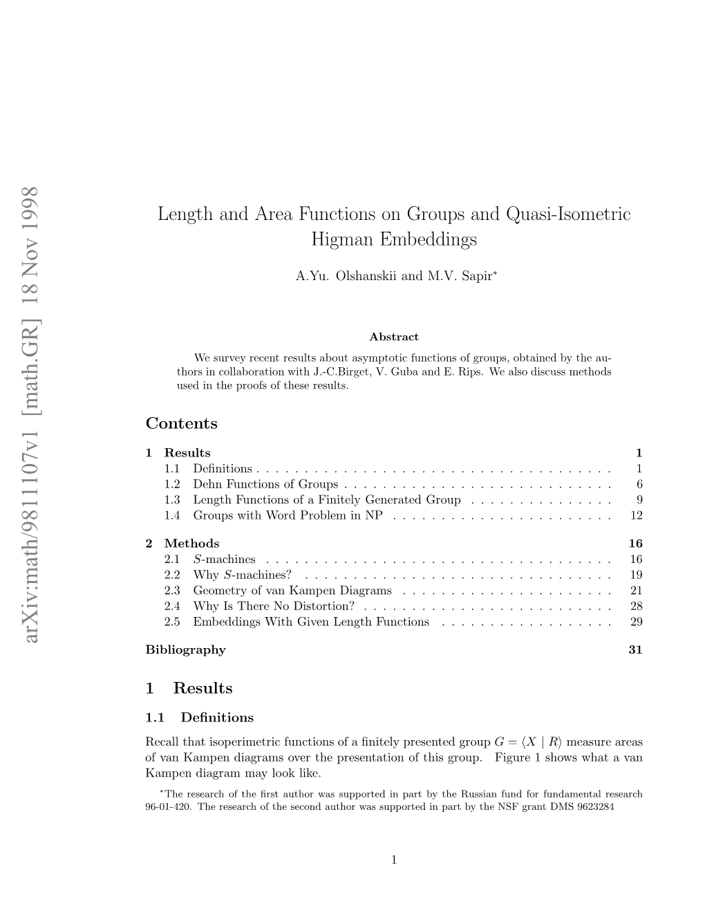 Arxiv:Math/9811107V1 [Math.GR] 18 Nov 1998 60-2.Tersac Ftescn Uhrwsspotdi Supported Was Author Second the of Research the 96-01-420