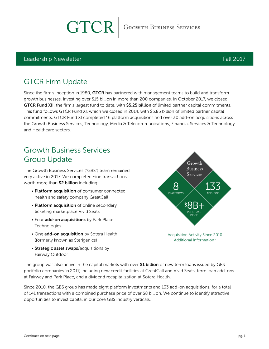 GTCR Firm Update Growth Business Services Group Update