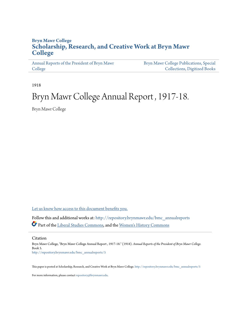 Bryn Mawr College Annual Report , 1917-18. Bryn Mawr College