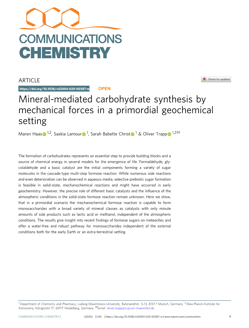 Mineral-Mediated Carbohydrate Synthesis by Mechanical Forces in A