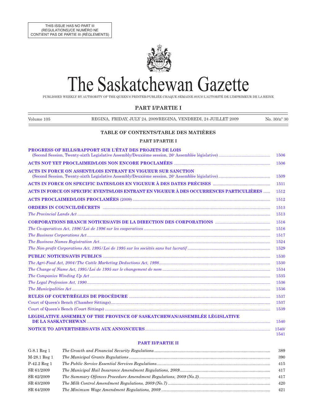 Sask Gazette, Part I, Jul 24, 2009