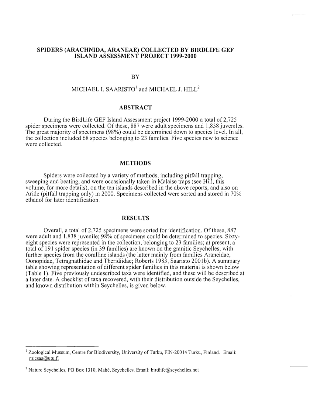 Spiders (Arachnida, Araneae) Collected by Birdlife Gef Island Assessment Project 1999-2000
