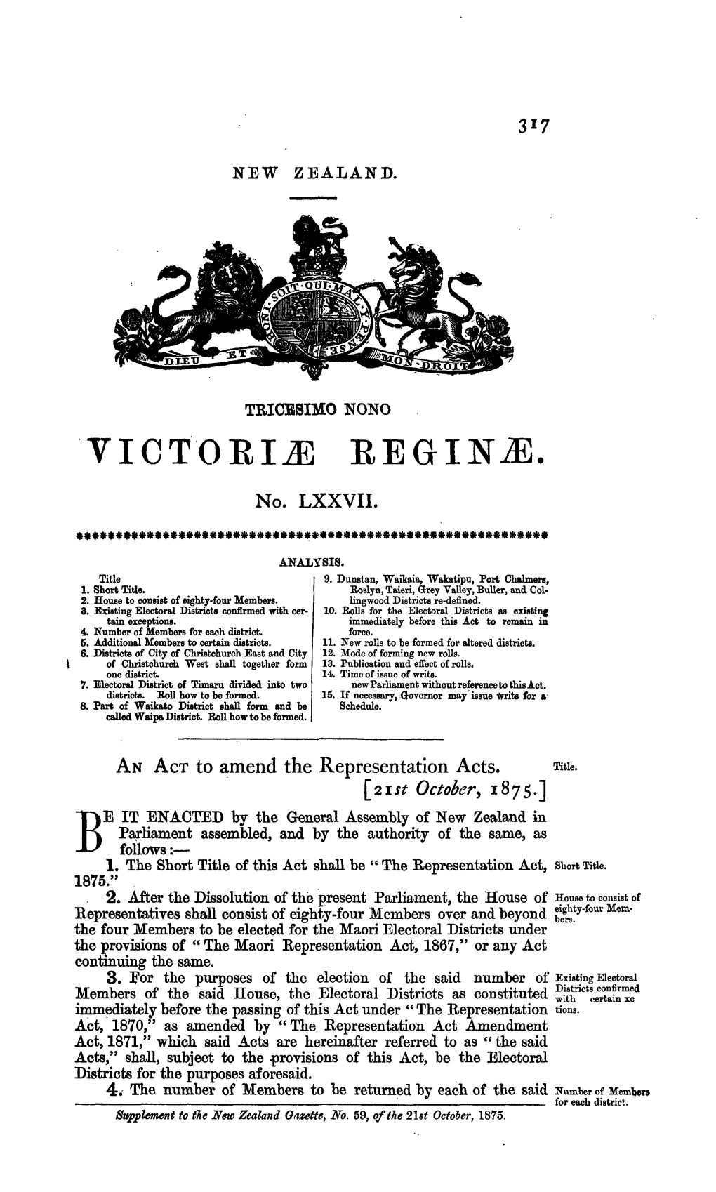 39 Victoriae 1875 No 77 Representation