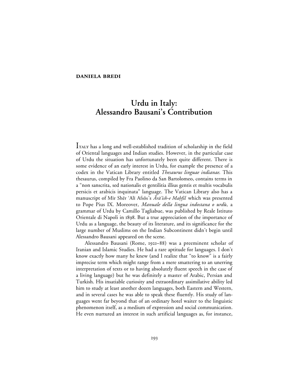 Urdu in Italy: Alessandro Bausani's Contribution