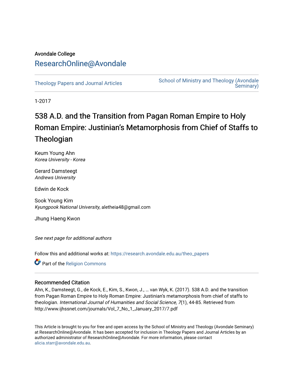 538 A.D. and the Transition from Pagan Roman Empire to Holy Roman Empire: Justinian’S Metamorphosis from Chief of Staffs to Theologian