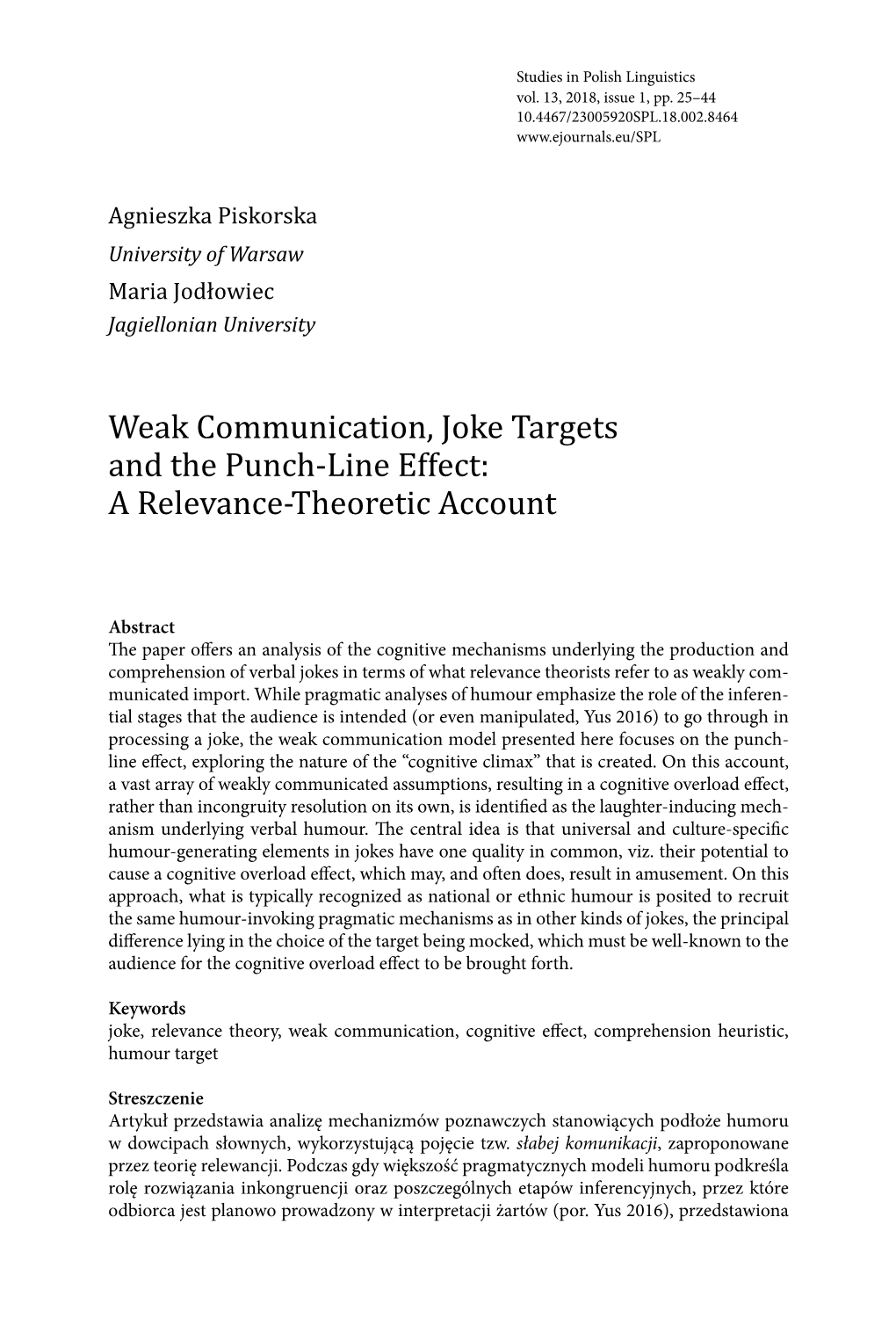 Weak Communication, Joke Targets and the Punch-Line Effect: a Relevance-Theoretic Account