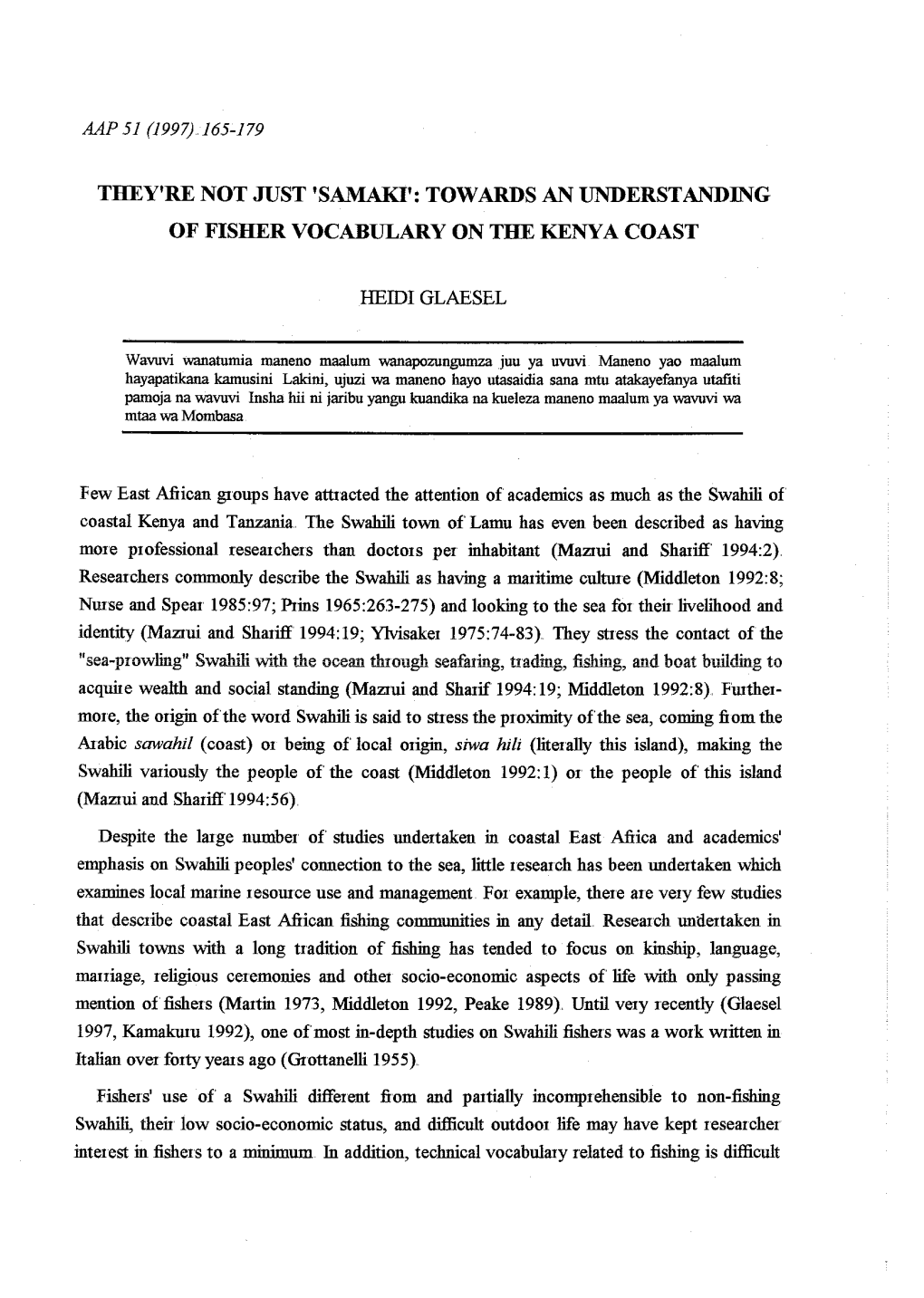 Towards an Understanding of Fisher Vocabulary on the Kenya Coast