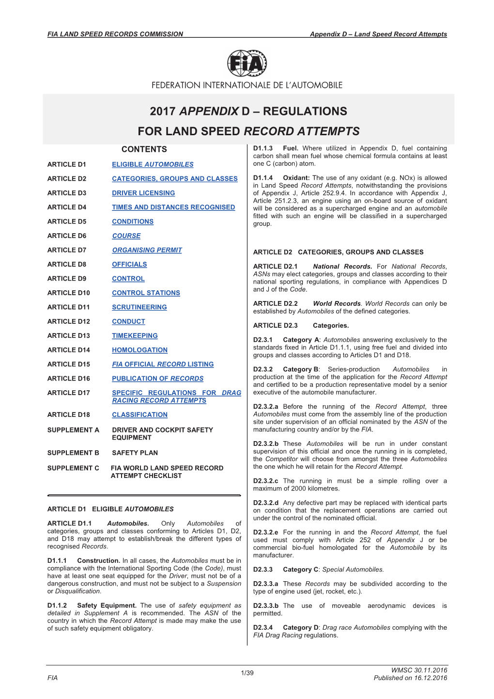 REGULATIONS for LAND SPEED RECORD ATTEMPTS CONTENTS D1.1.3 Fuel