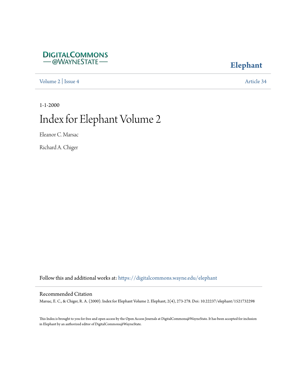 Index for Elephant Volume 2 Eleanor C