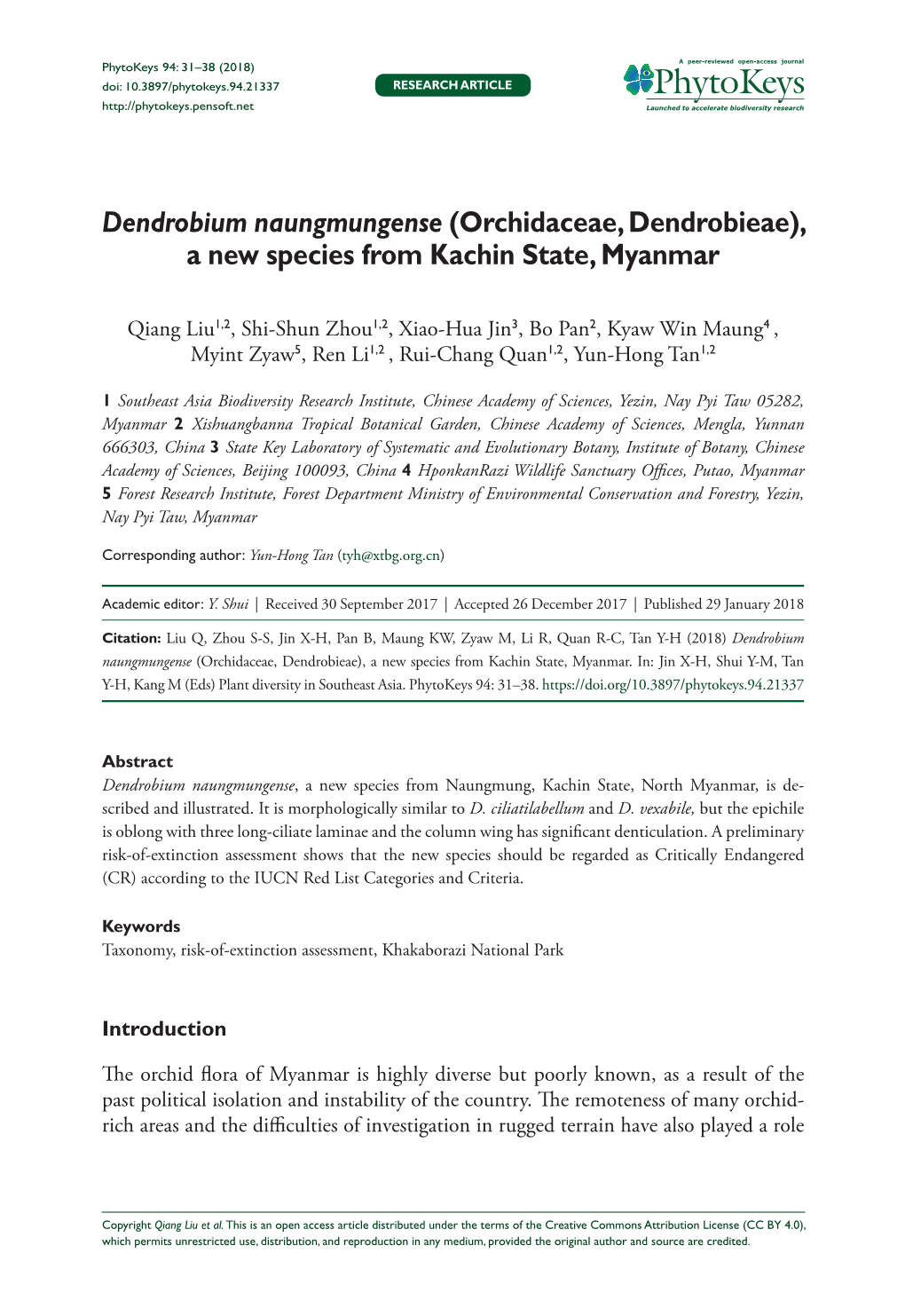 Dendrobium Naungmungense (Orchidaceae, Dendrobieae), a New Species from Kachin State, Myanmar