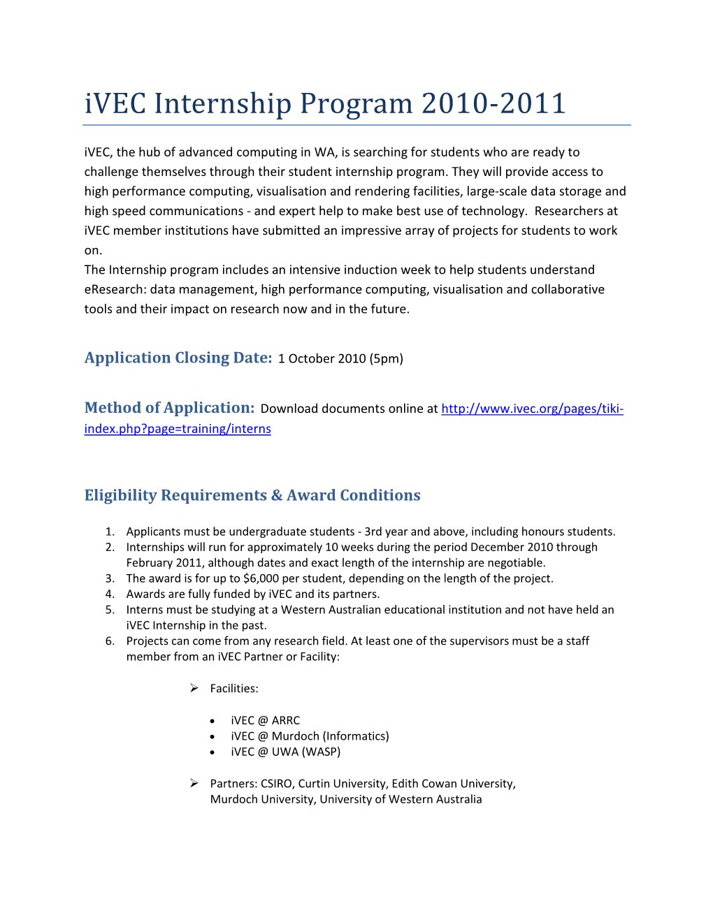 Ivec Internship Program 2010-2011
