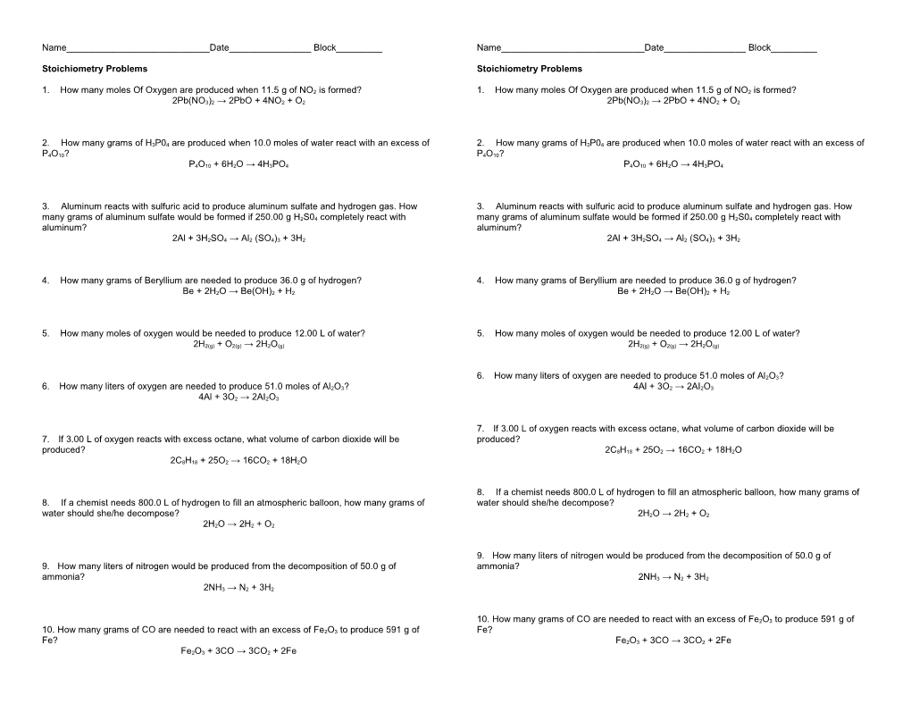 Stoichiometry Problems