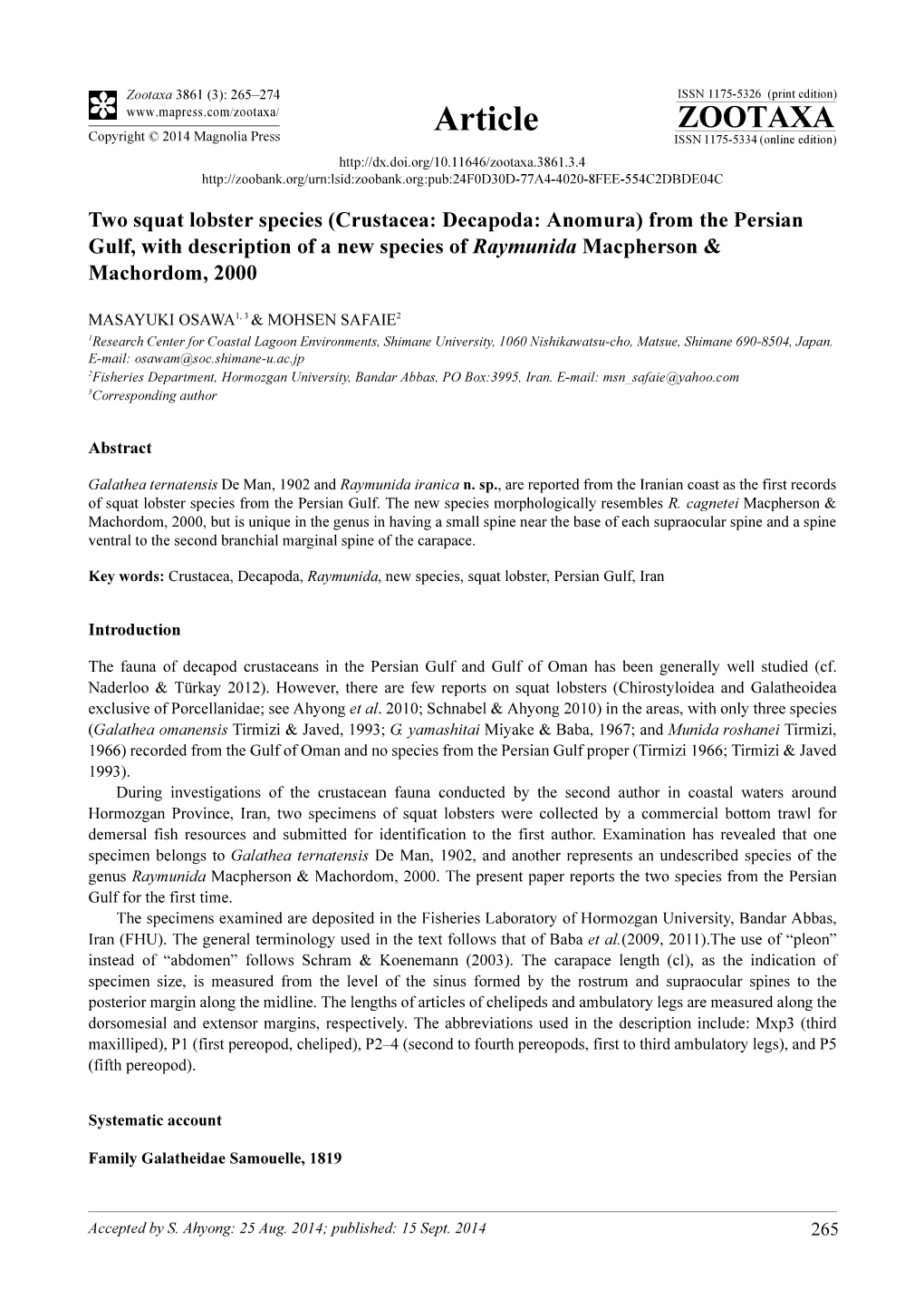 Two Squat Lobster Species (Crustacea: Decapoda: Anomura) from the Persian Gulf, with Description of a New Species of Raymunida Macpherson & Machordom, 2000