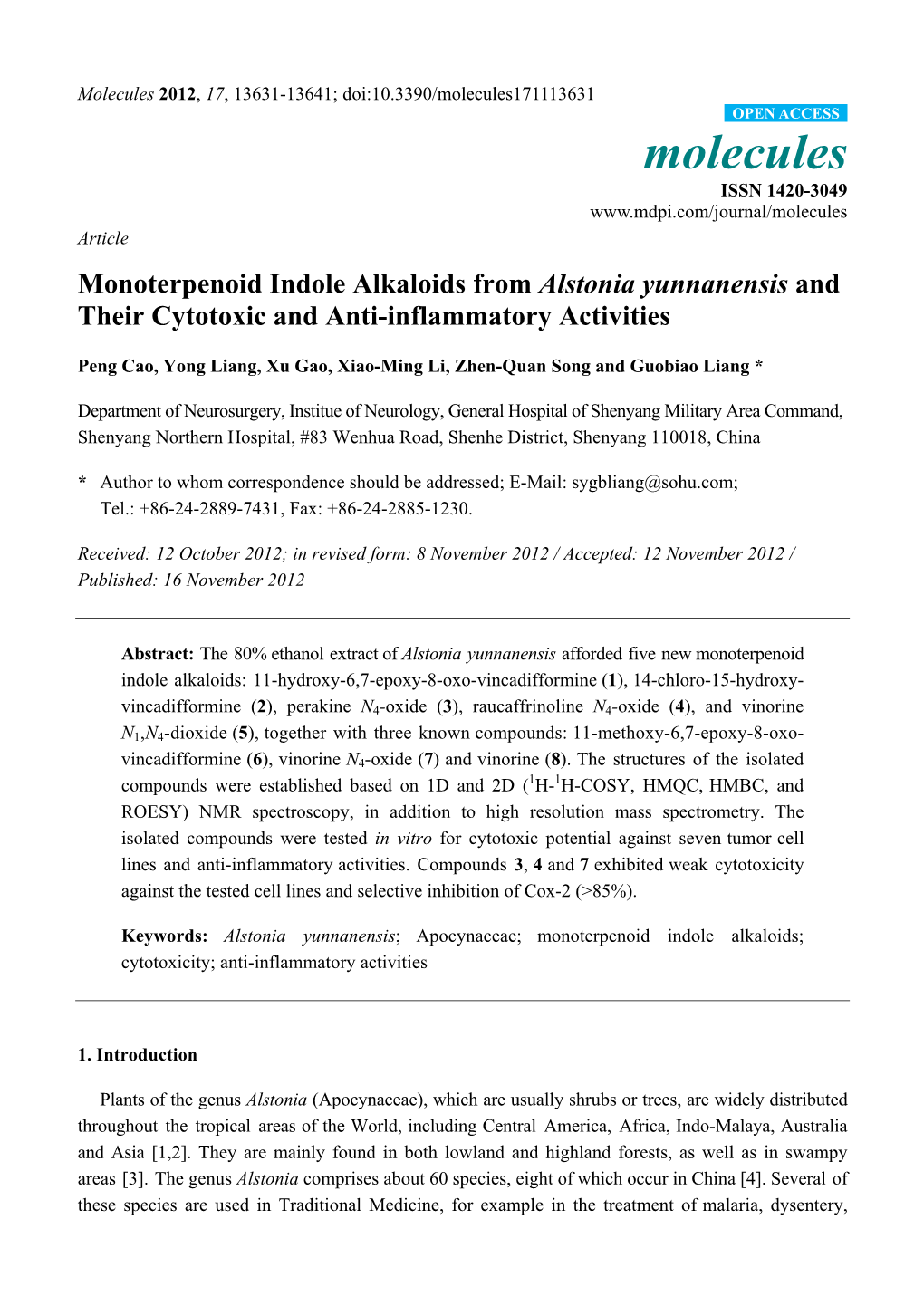 Monoterpenoid Indole Alkaloids from Alstonia Yunnanensis and Their Cytotoxic and Anti-Inflammatory Activities