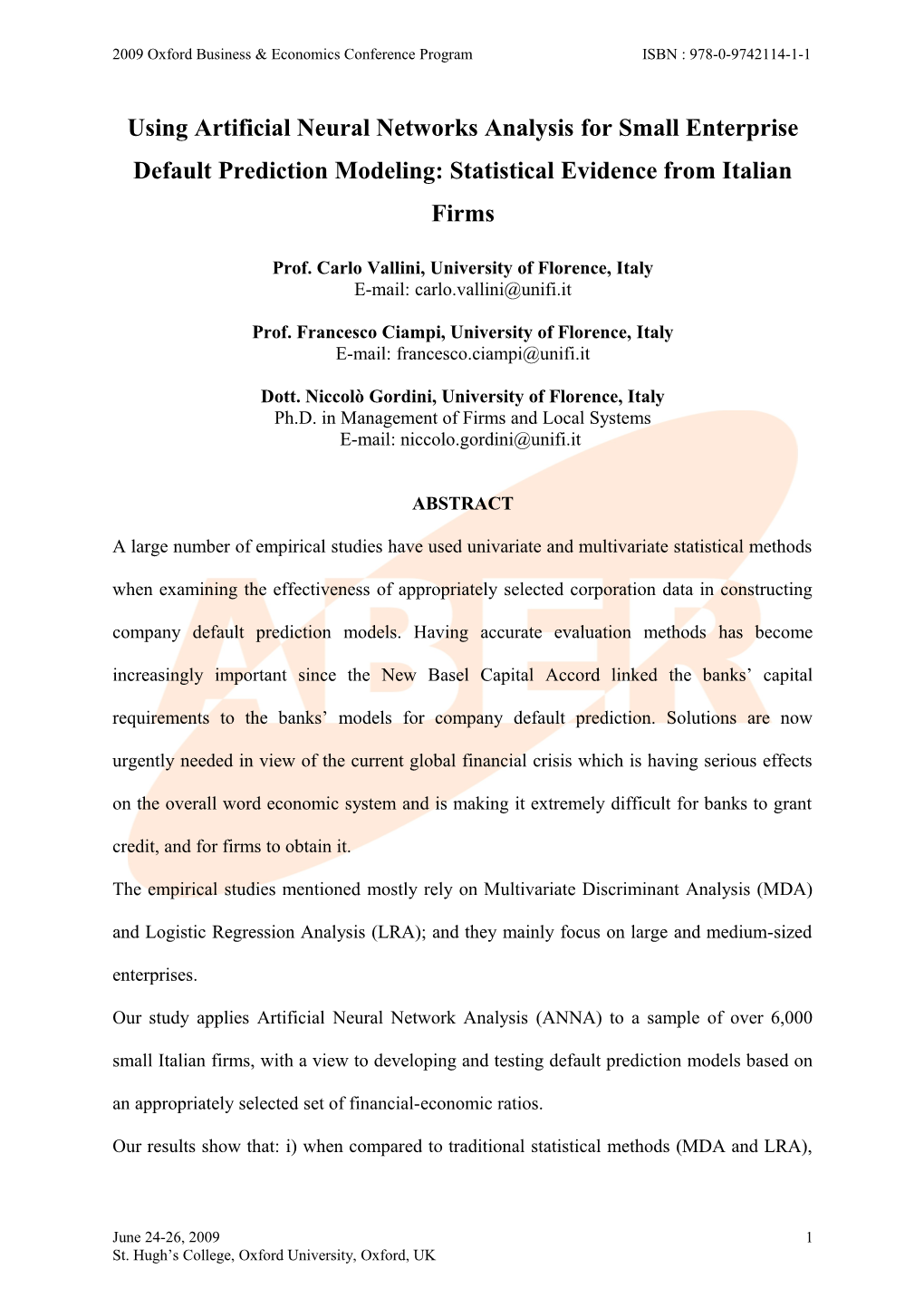 Using Artificial Neural Networks Analysis For Small Enterprise Default Prediction Modeling: Statistical Evidence From Italian Firms