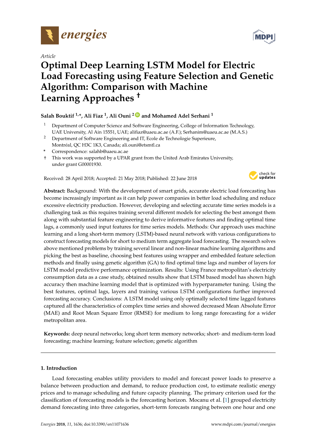 Optimal Deep Learning LSTM Model for Electric Load Forecasting Using Feature Selection and Genetic Algorithm: Comparison with Machine Learning Approaches †