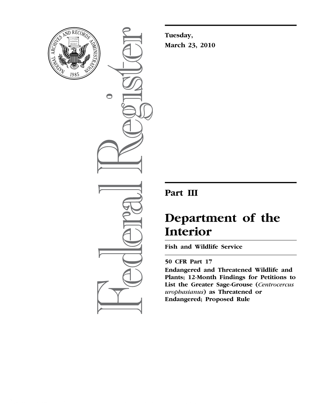 Federal Register 12-Month Findings for Petitions to List the Greater Sage