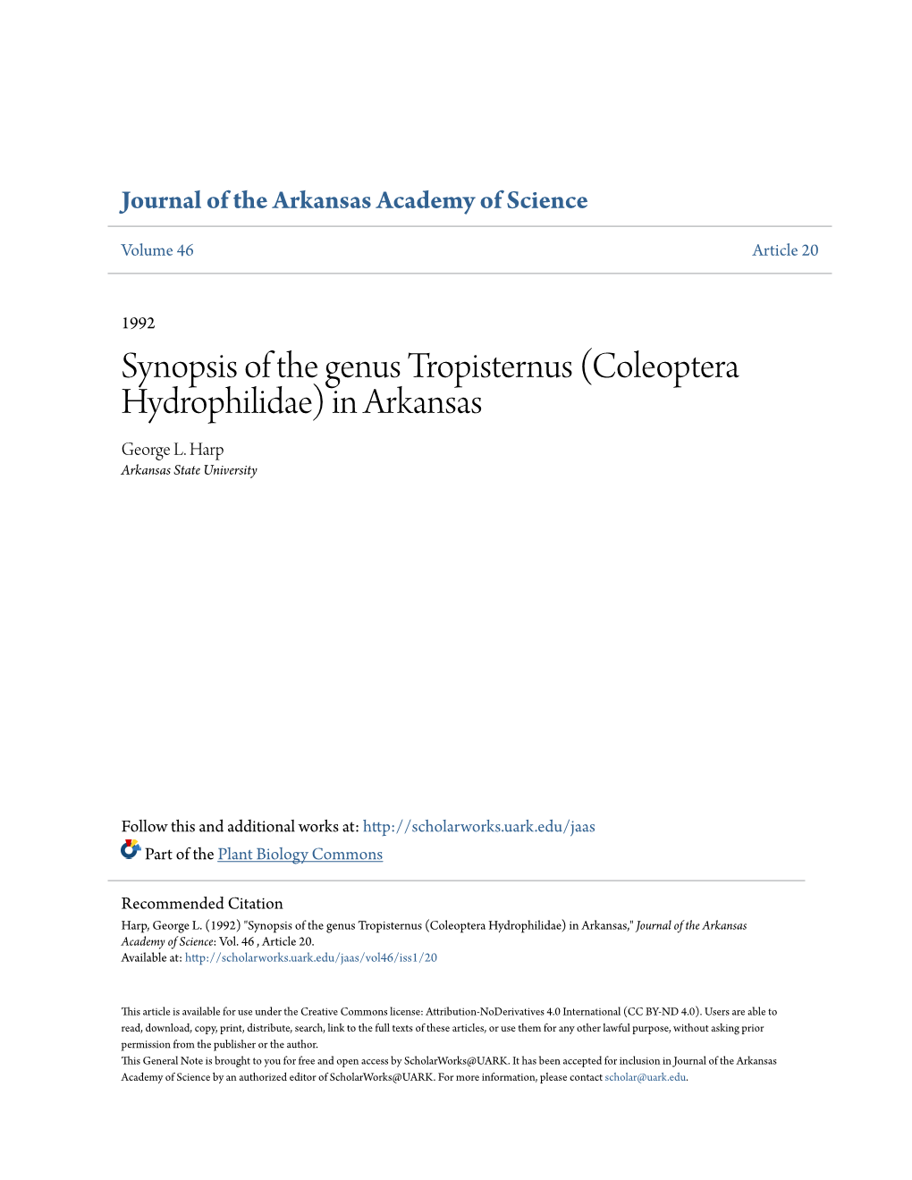 Synopsis of the Genus Tropisternus (Coleoptera Hydrophilidae) in Arkansas George L