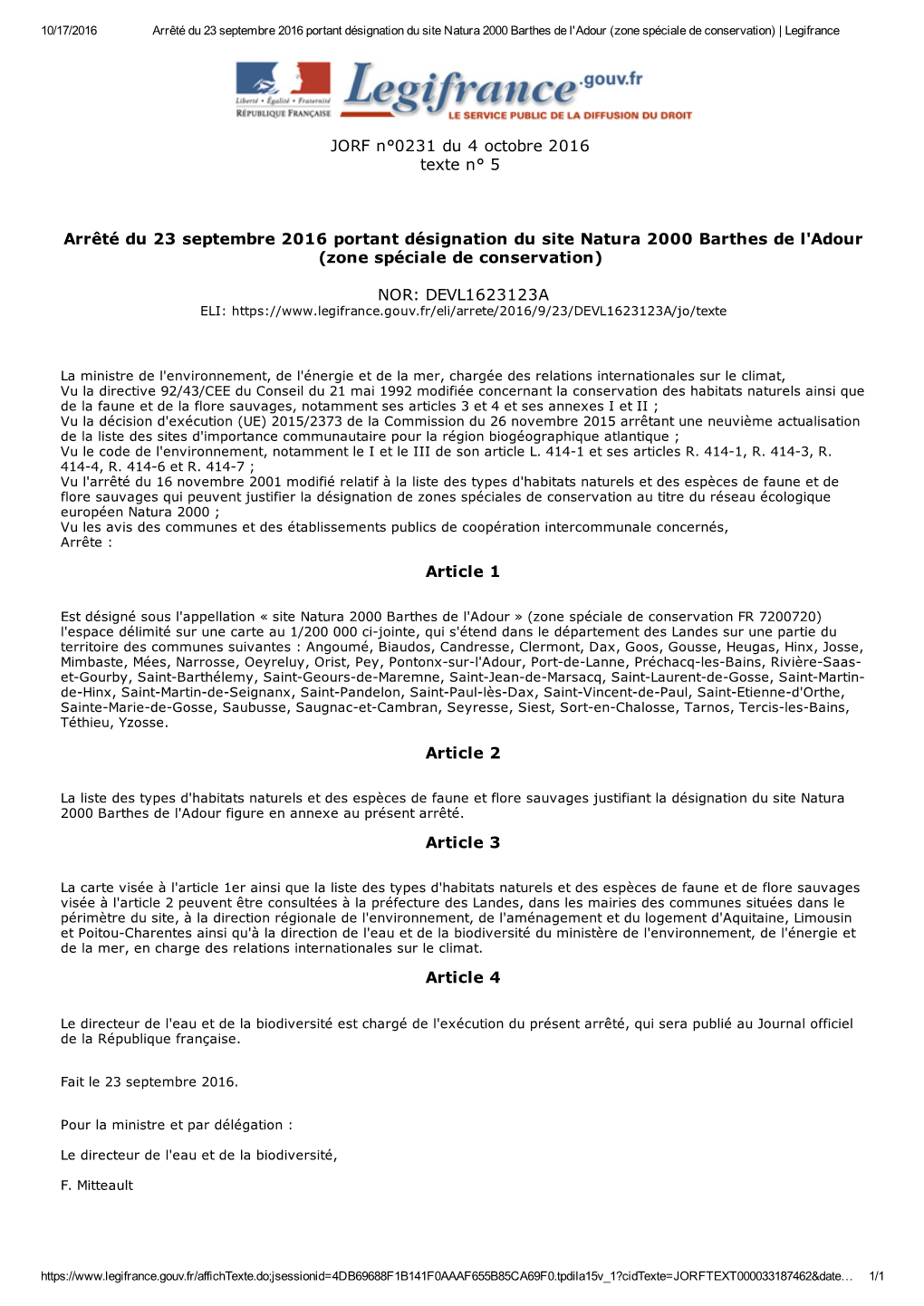 Arrêté Du 23 Septembre 2016 Portant Désignation Du Site Natura 2000 Barthes De L'adour (Zone Spéciale De Conservation) | Legifrance