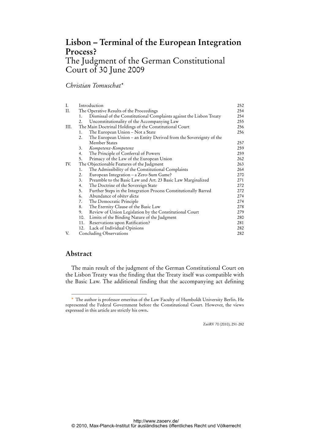 The Judgment of the German Constitutional Court of 30 June 2009