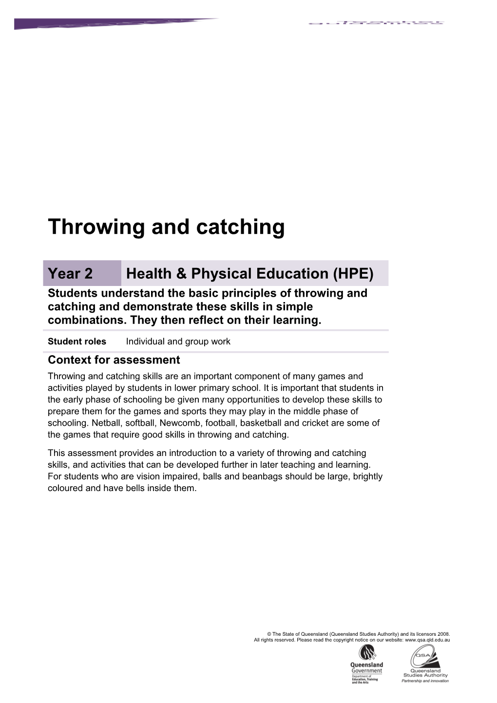 Year 2 Health & Physical Education Assessment Teacher Guidelines | Throwing And Catching | Queensland Essential Learnings And Standards