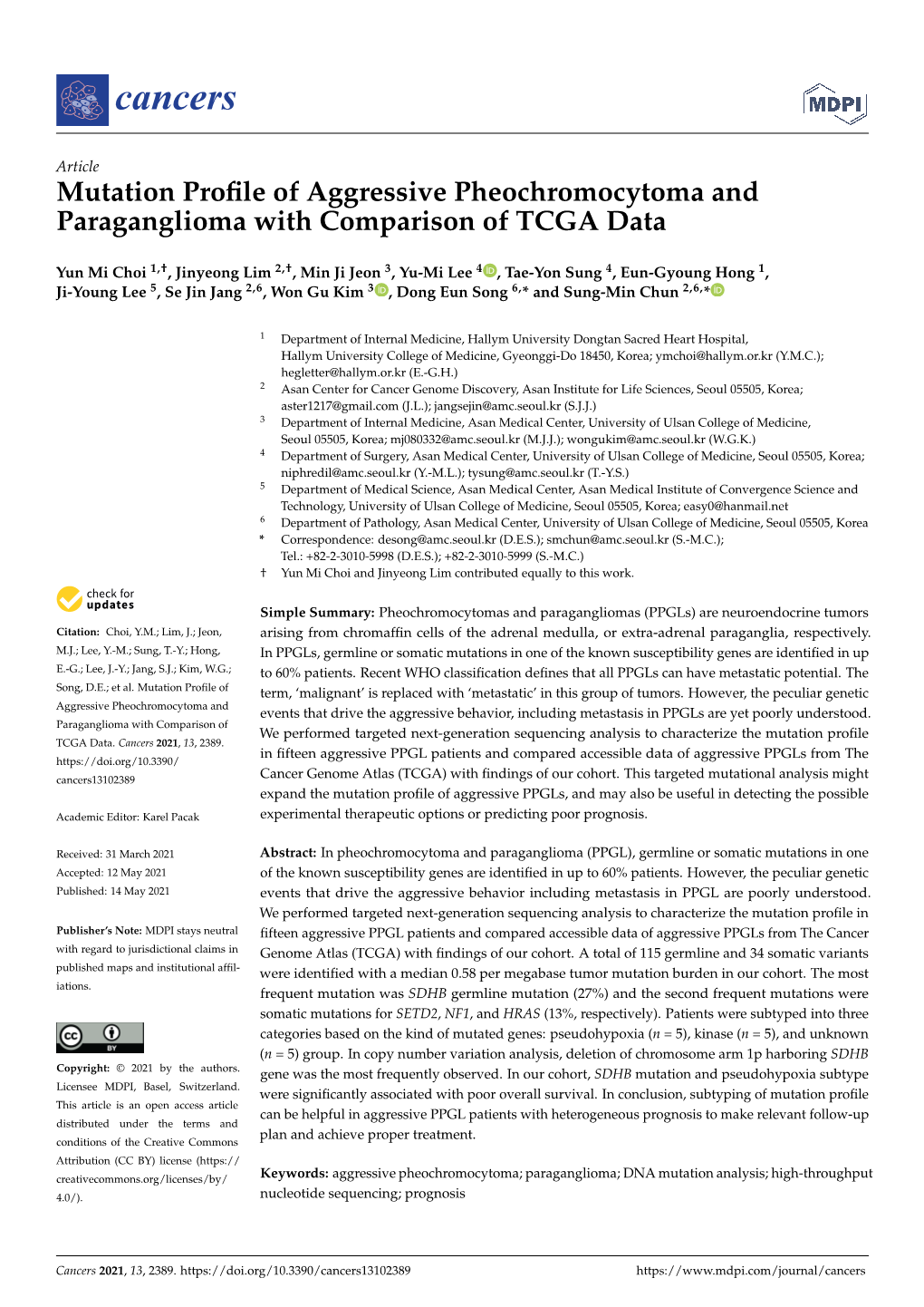 Mutation Profile of Aggressive Pheochromocytoma and Paraganglioma with Comparison of TCGA Data