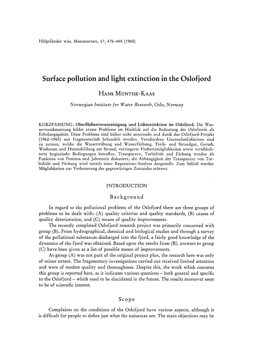 Surface Pollution and Light Extinction in the Oslofjord