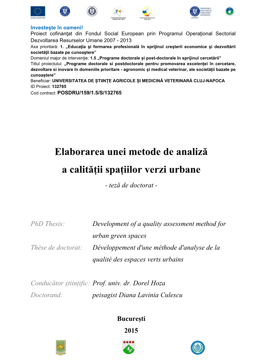 Elaborarea Unei Metode De Analiză a Calității Spațiilor Verzi Urbane - Teză De Doctorat