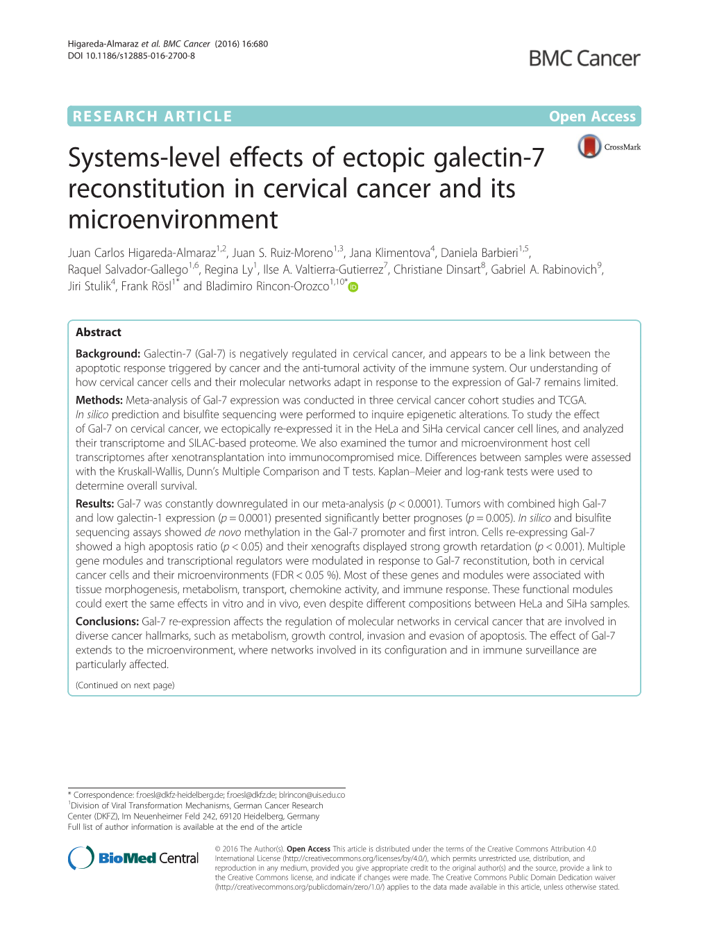 Systems-Level Effects of Ectopic Galectin-7 Reconstitution in Cervical Cancer and Its Microenvironment Juan Carlos Higareda-Almaraz1,2, Juan S
