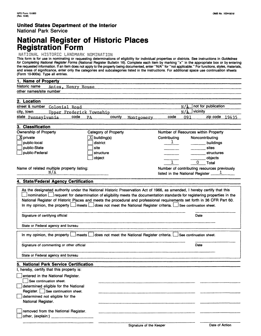 National Register of Historic Places Continuation Sheet Antes, Henry, House Section Number 7 Page 2