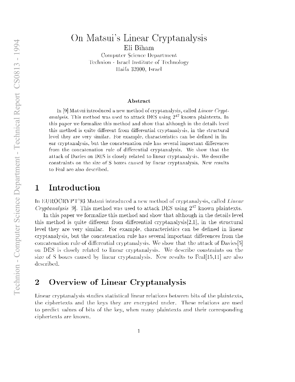 On Matsui's Linear Cryptanalysis
