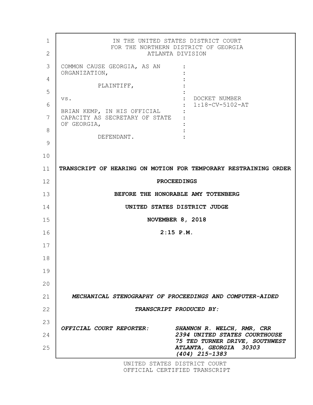 Transcript of Hearing on Motion for Temporary Restraining Order