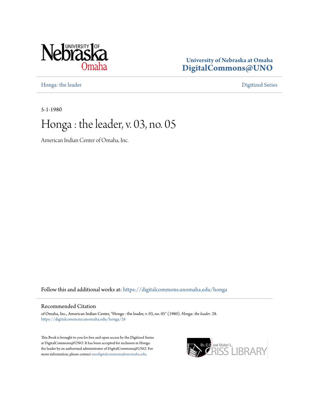 Honga : the Leader, V. 03, No. 05 American Indian Center of Omaha, Inc