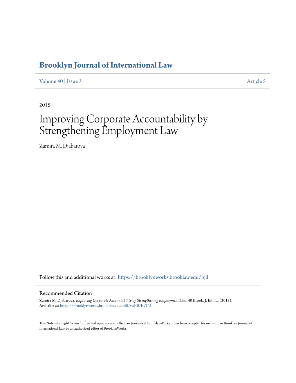 Improving Corporate Accountability by Strengthening Employment Law Zamira M