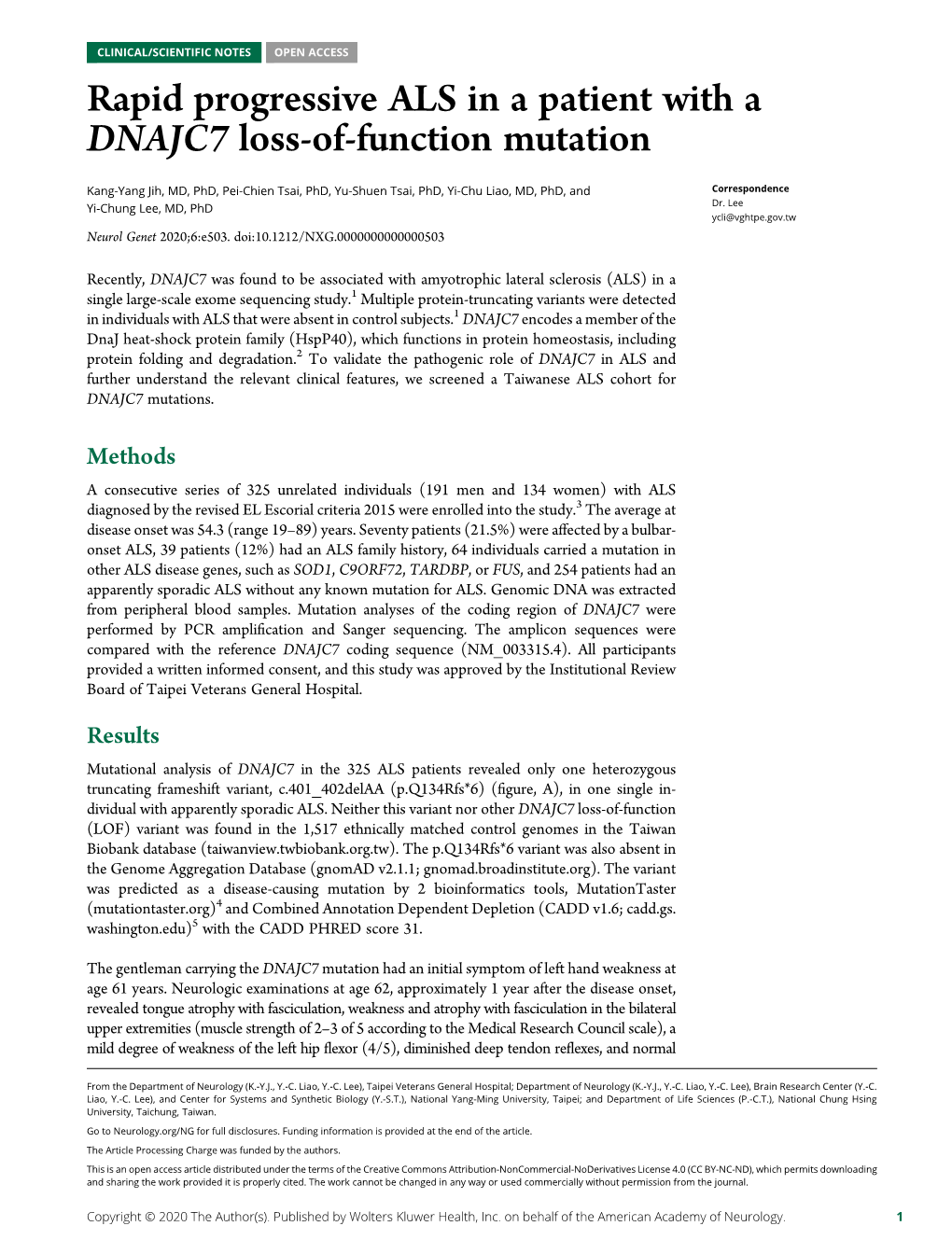 Rapid Progressive ALS in a Patient with a DNAJC7 Loss-Of-Function Mutation