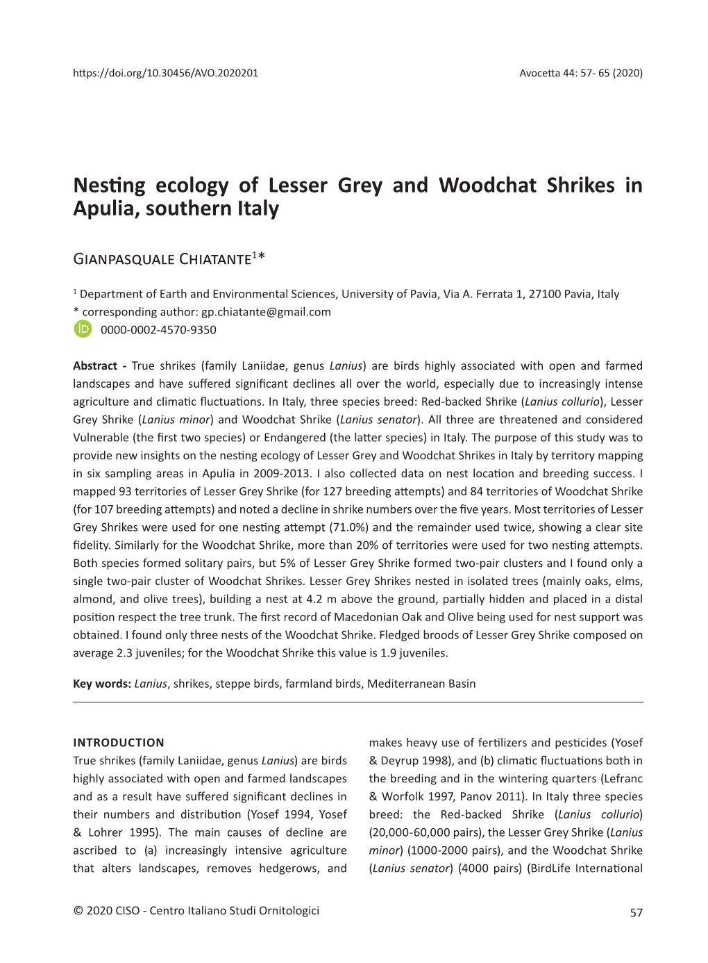 Nesting Ecology of Lesser Grey and Woodchat Shrikes in Apulia, Southern Italy