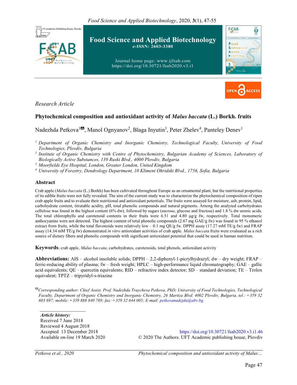 Phytochemical Composition and Antioxidant Activity of Malus Baccata (L.) Borkh