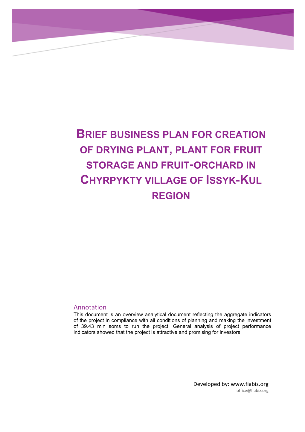 Brief Business Plan for Creation of Drying Plant, Plant for Fruit Storage and Fruit-Orchard in Chyrpykty Village of Issyk-Kul Region