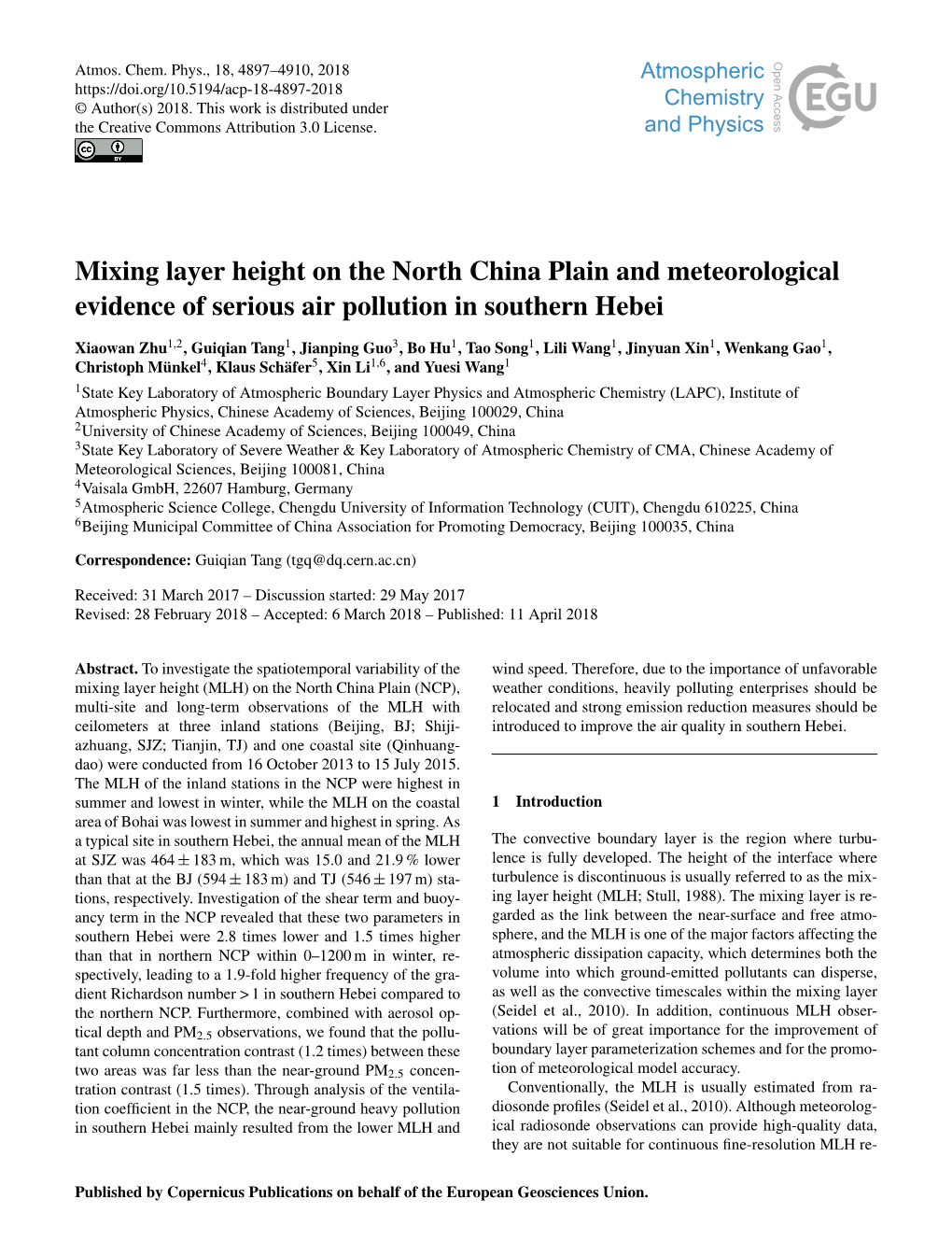 Mixing Layer Height on the North China Plain and Meteorological Evidence of Serious Air Pollution in Southern Hebei