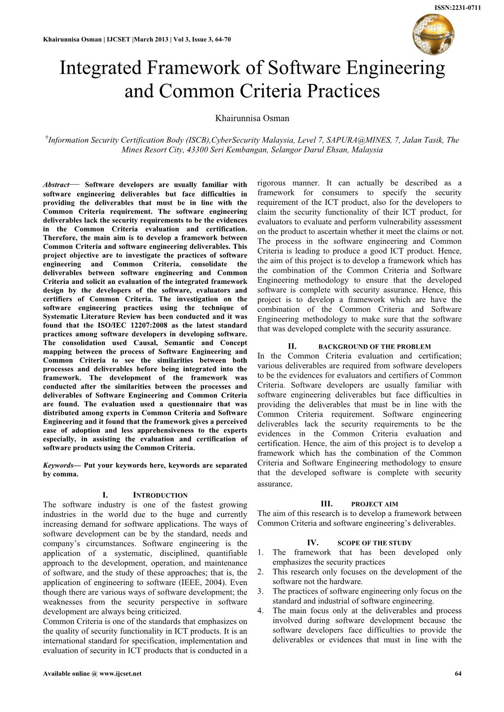 Integrated Framework of Software Engineering and Common Criteria Practices