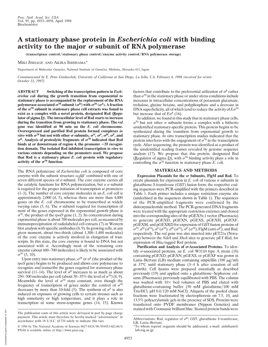 A Stationary Phase Protein in Escherichia Coli with Binding Activity to the Major Subunit of RNA Polymerase