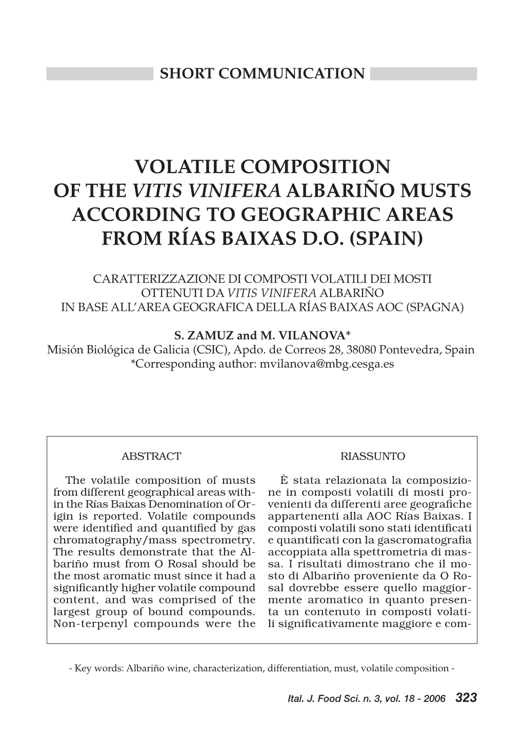 Volatile Composition of the Vitis Vinifera Albariño Musts According to Geographic Areas from Rías Baixas D.O