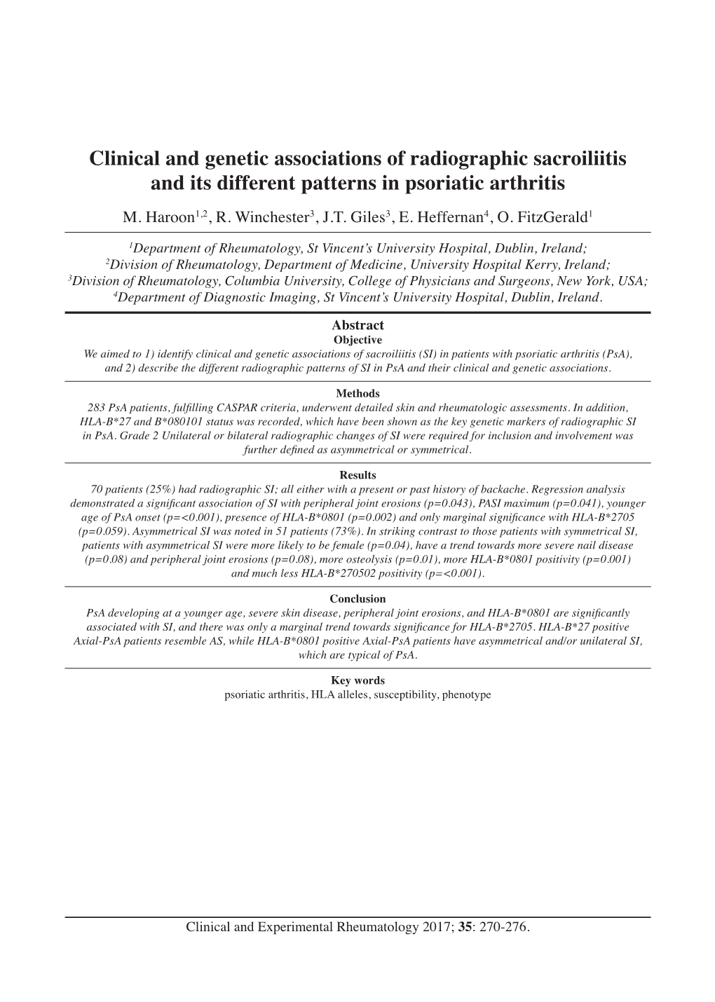 Clinical and Genetic Associations of Radiographic Sacroiliitis and Its Different Patterns in Psoriatic Arthritis M