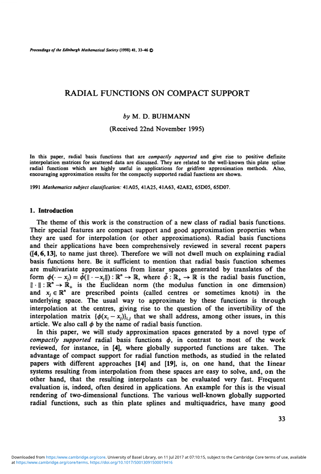 Radial Functions on Compact Support