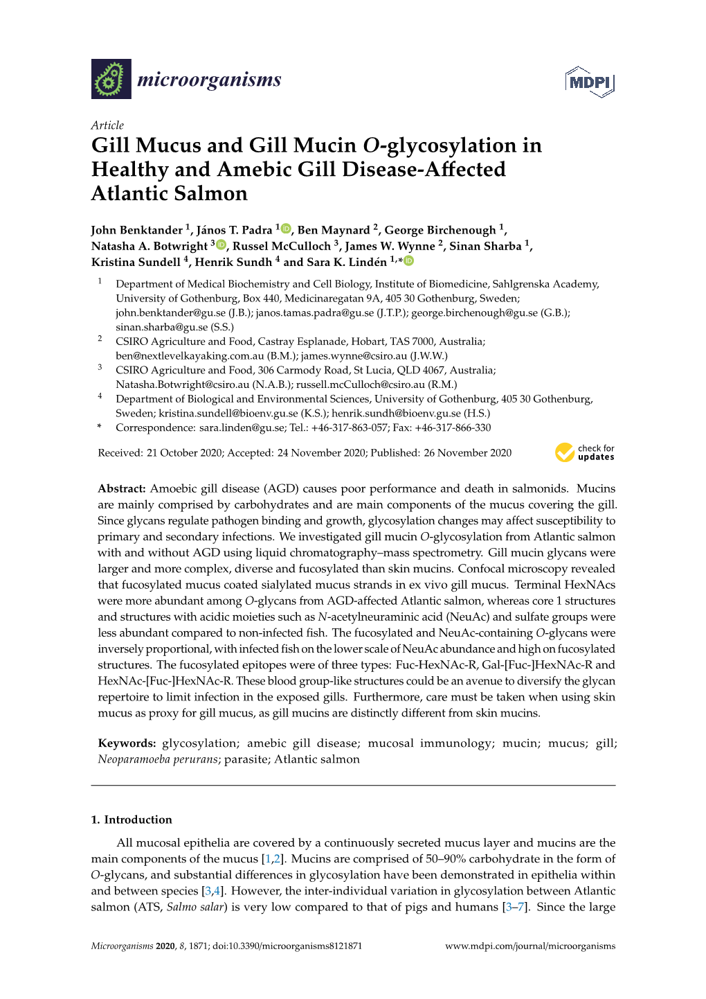 Gill Mucus and Gill Mucin O-Glycosylation in Healthy and Amebic Gill Disease-Aﬀected Atlantic Salmon