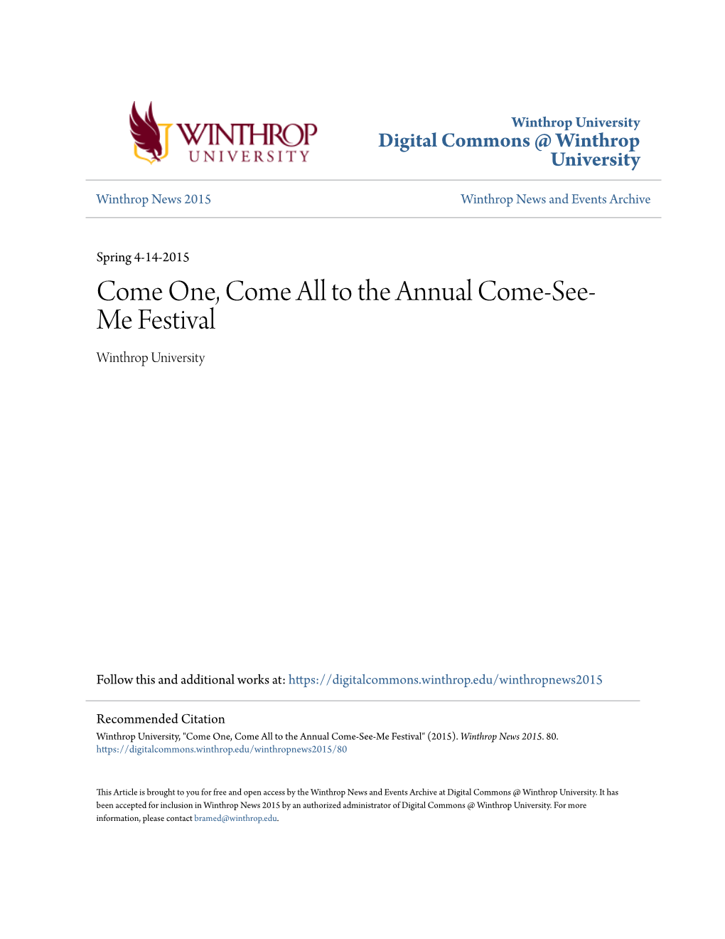 Come One, Come All to the Annual Come-See-Me Festival" (2015)